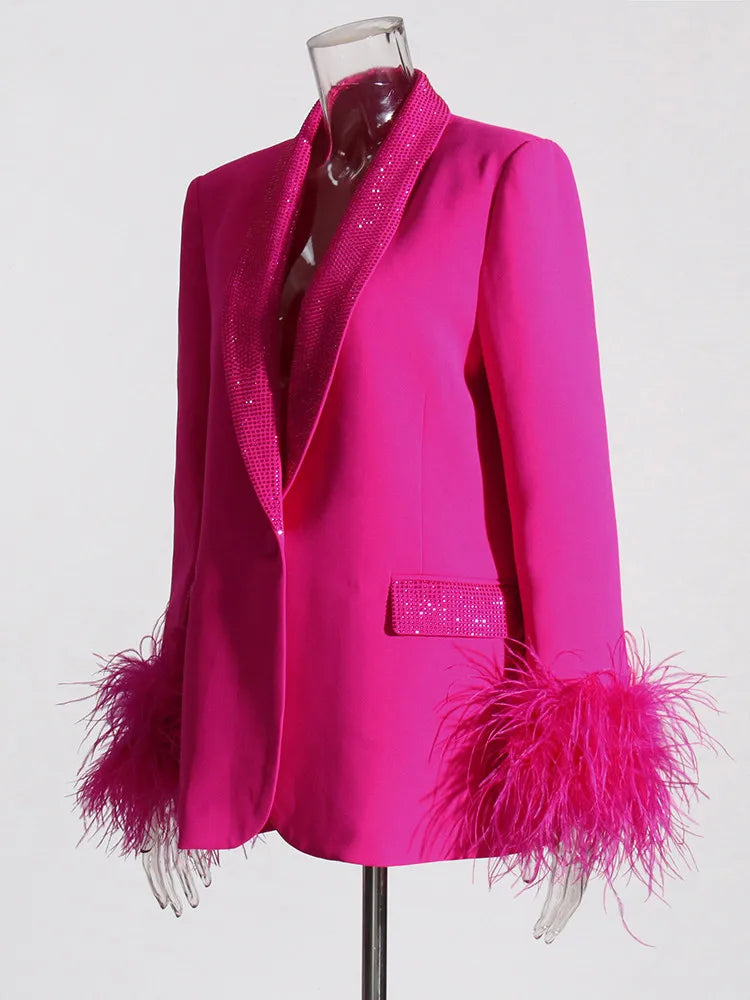 Shawl Collar Detachable Feathers Long Sleeve Patchwork Diamonds Blazers