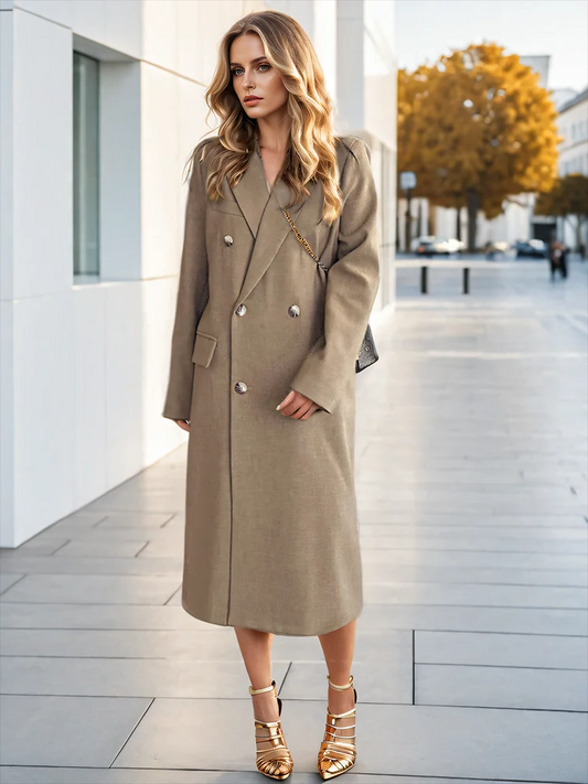 Notched Collar Loose Long Sleeves Double Breasted Mid Coat