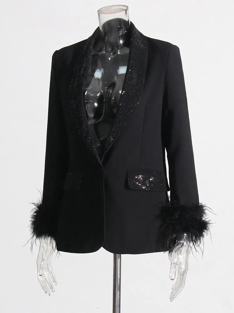 Shawl Collar Detachable Feathers Long Sleeve Patchwork Diamonds Blazers