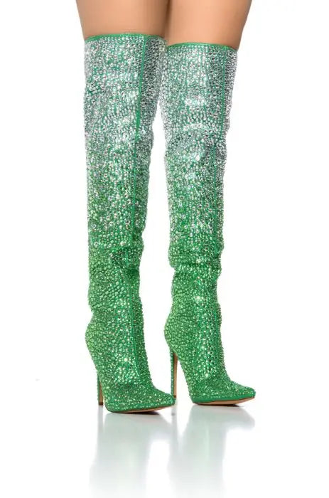 Rhinestone Studded Thin High Heel Crystal Over The Knee Boots