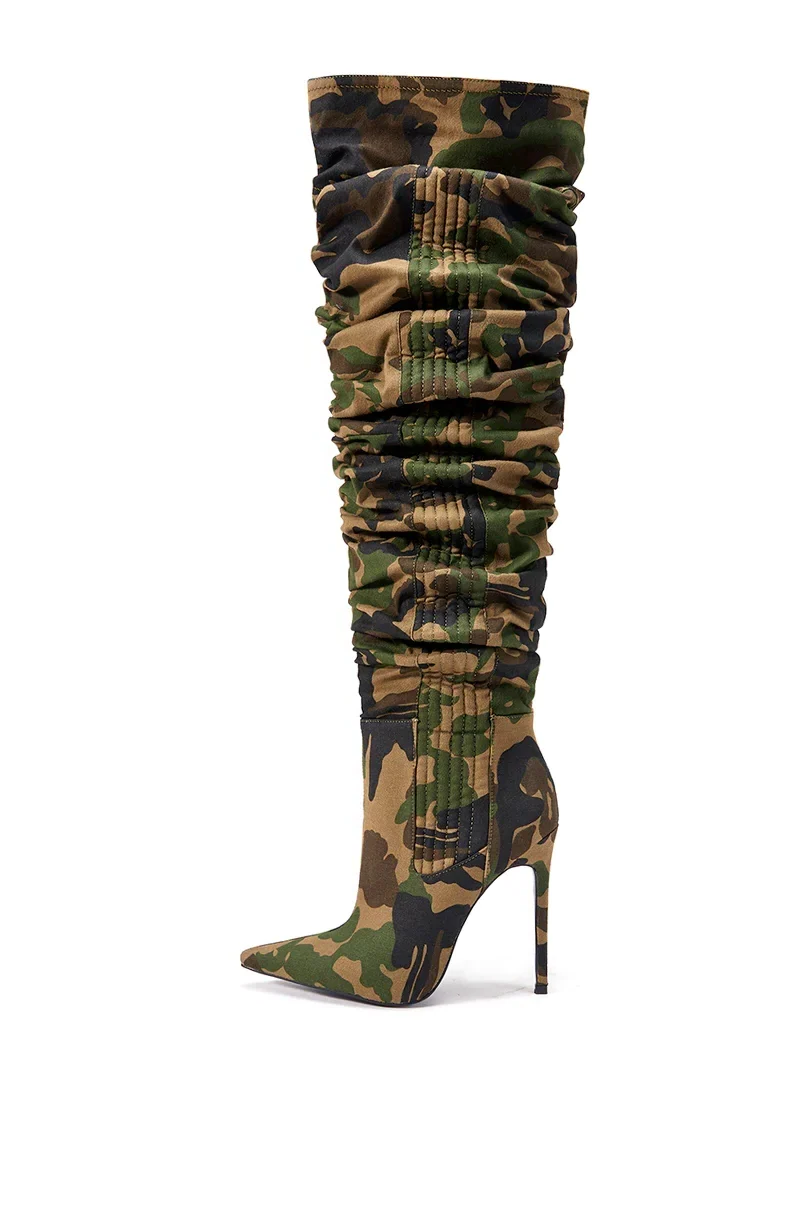 Print Point Toe Soft Canvas High Heel Over the Knee Boots