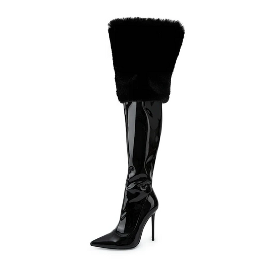 Pu Leather Pointed Toe Fur Patchwork High Heels Over The Knee Boots