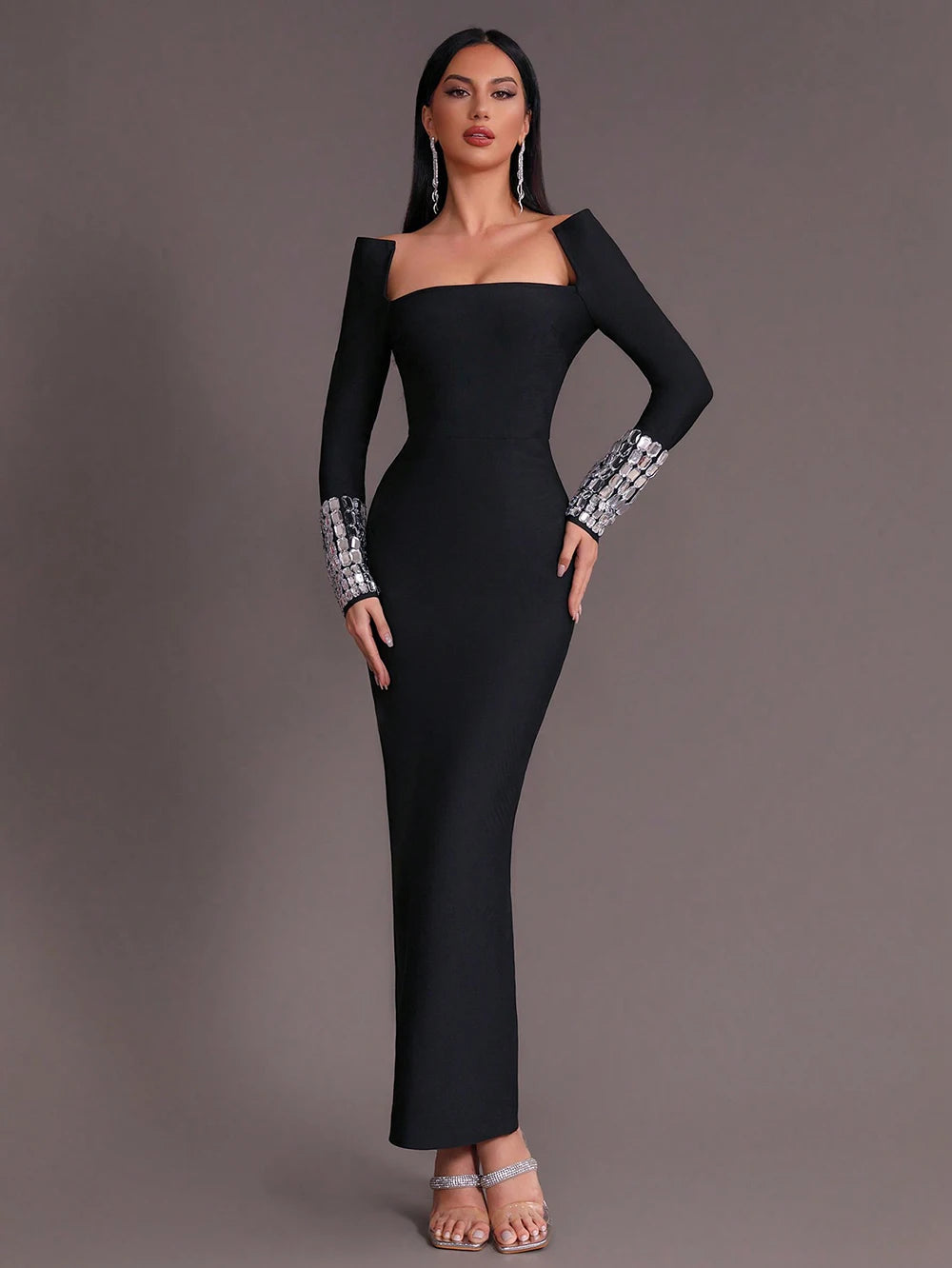 Square Neck Diamond Decor Long Sleeve Tight Maxi Bandage