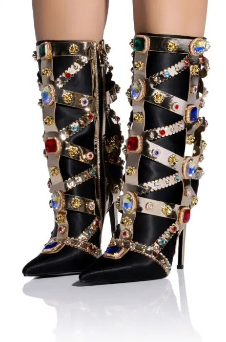 Colourful Bling Crystal Gem Pointed Toe Knee High Boots