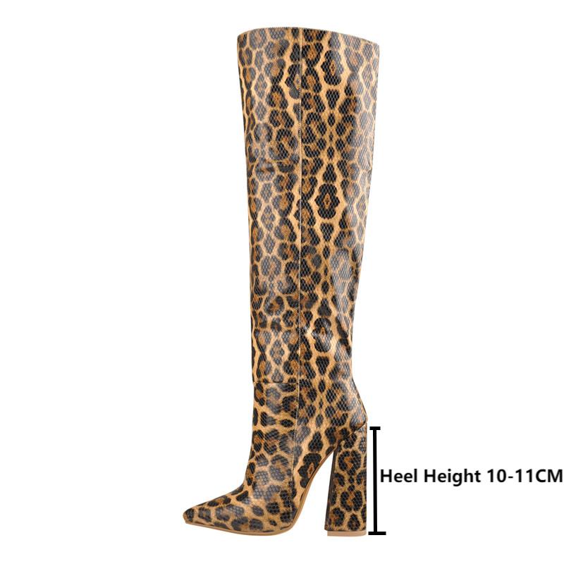 Leopard Zip Pull On Chunky High Heels Knee High Boots