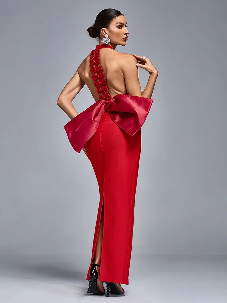 Halter Neck Backless Bow Decor Sleeveless Bandage Maxi Dress