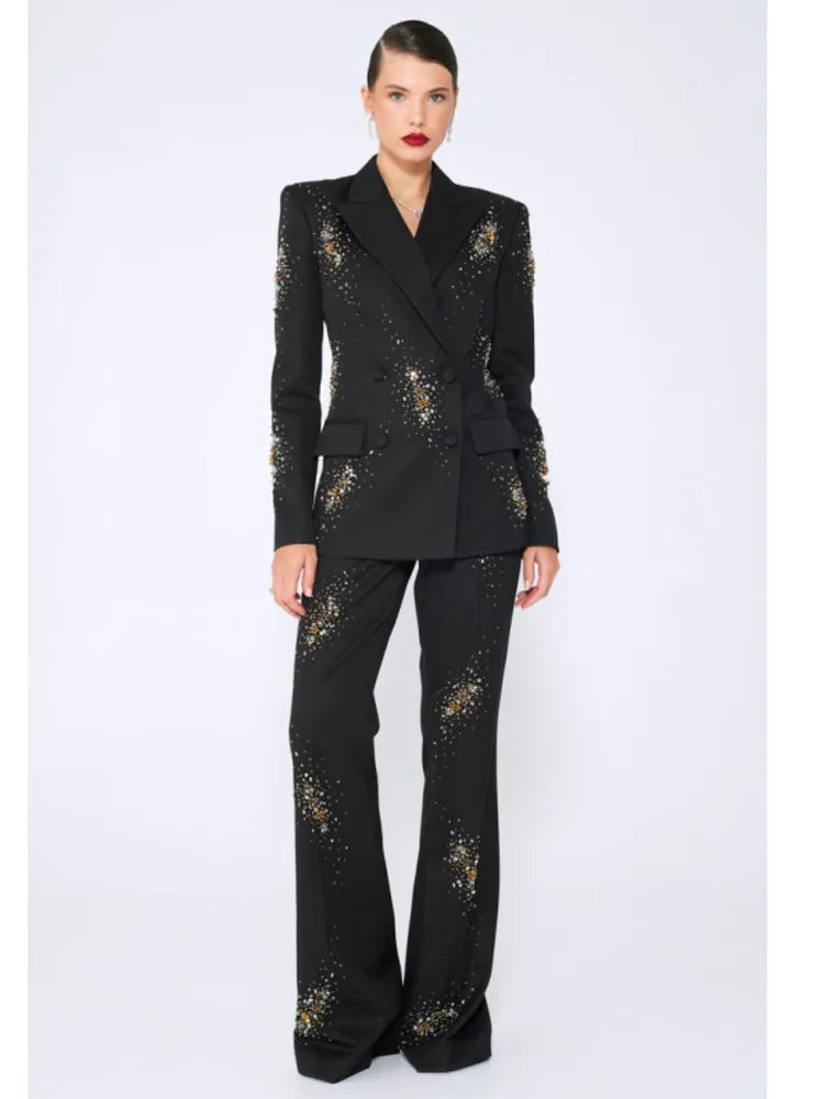 Beading Diamonds Notched Long Sleeve Blazer Flare Trouser Set