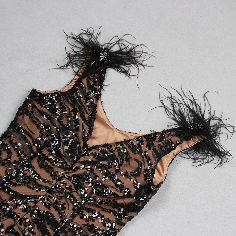 Feather Shoulder V-neck Sleeveless Backless Sequins  Mini Dress