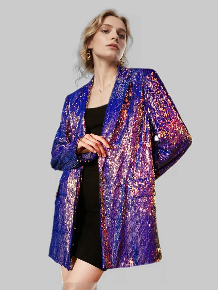 Sequin Notched Single Button Pockets Slim Colourful Blazer