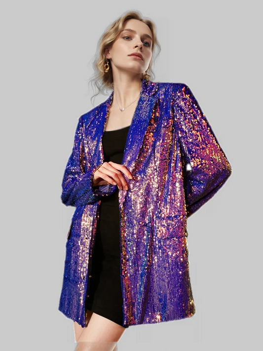 Sequin Notched Single Button Pockets Slim Colourful Blazer