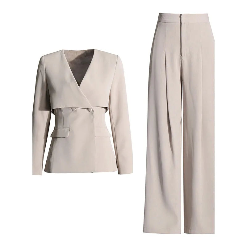 V-neck Spliced Long Sleeve Blazer High Waist Wide Leg Trouser Set