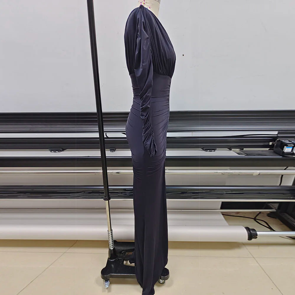 V-neck Long sleeved Folded Elastic Knitted Robe Maxi Dress