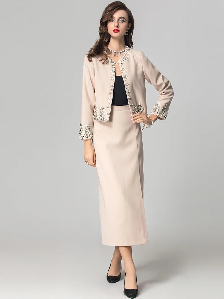 O-Neck Long Sleeves Diamonds Jacket Split Long Pencil Mid Skirt Set