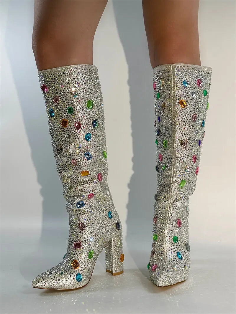 Pointed Toe Rhinestone Block Heel Knee High Boots