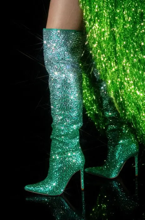 Rhinestone Studded Thin High Heel Crystal Over The Knee Boots