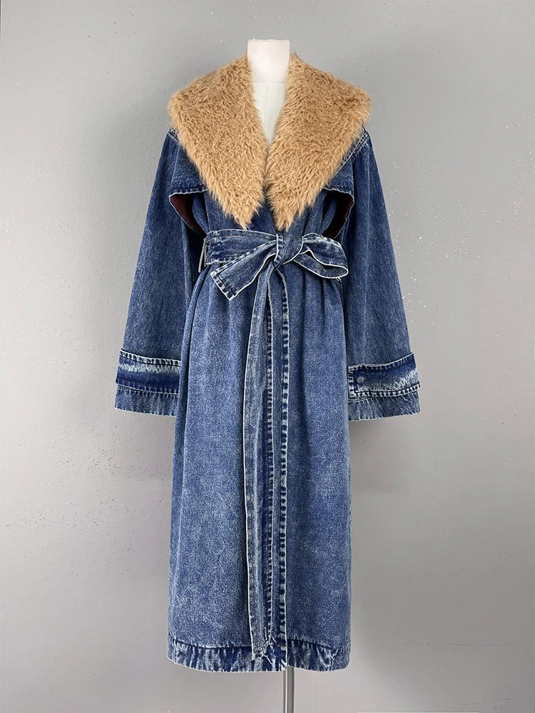 Fur Collar Belt Patchwork Pockets Loose Split Thick Warm Denim Overcoat