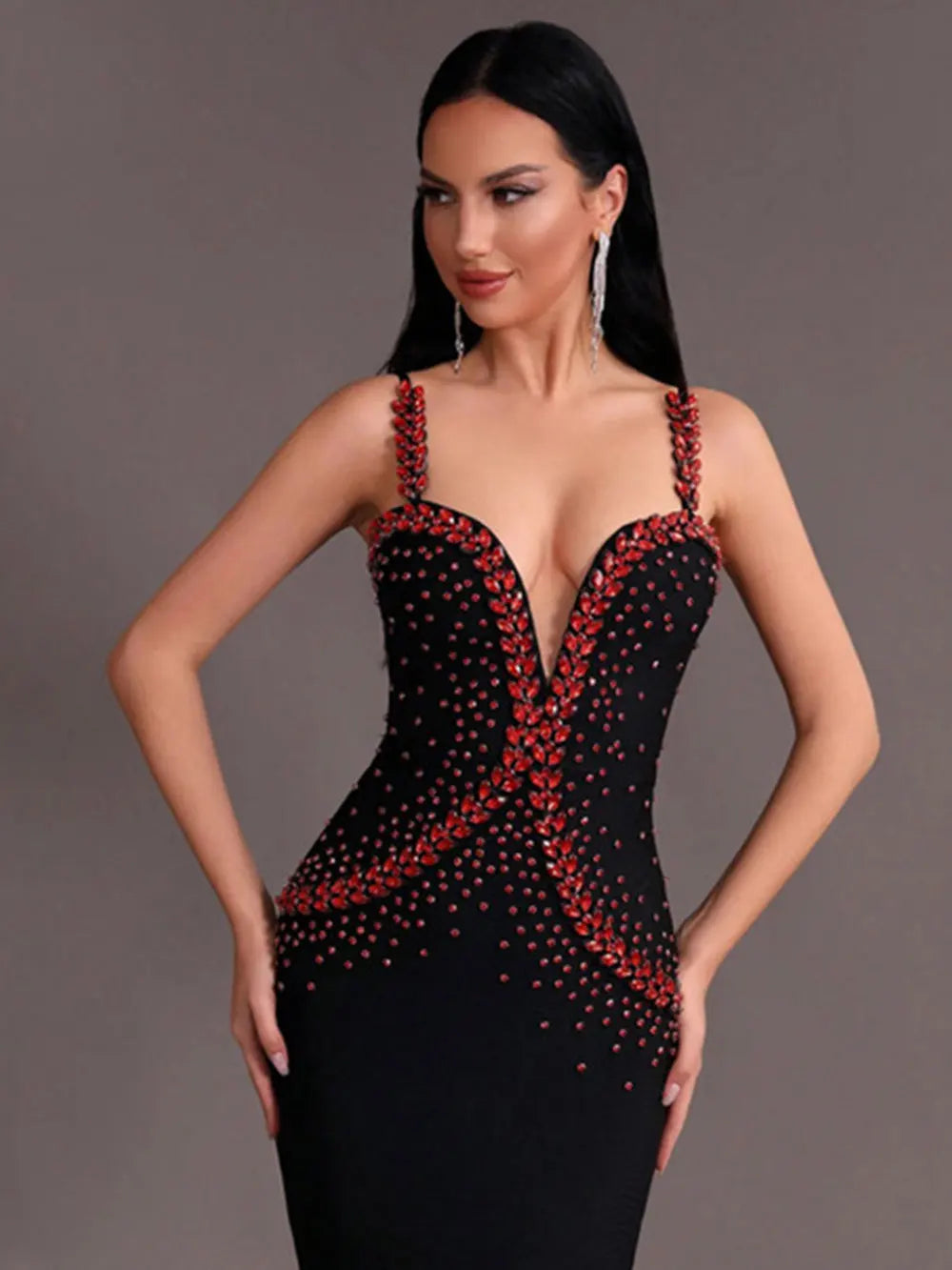 Beaded Diamond Spaghetti Strap Sleeveless Bandage Maxi Dress