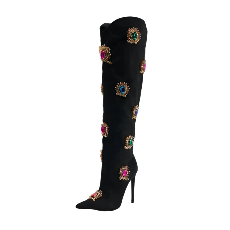 Rhinestone Flock Bead Pointed Toe High Heels Slip On Knee High Boots