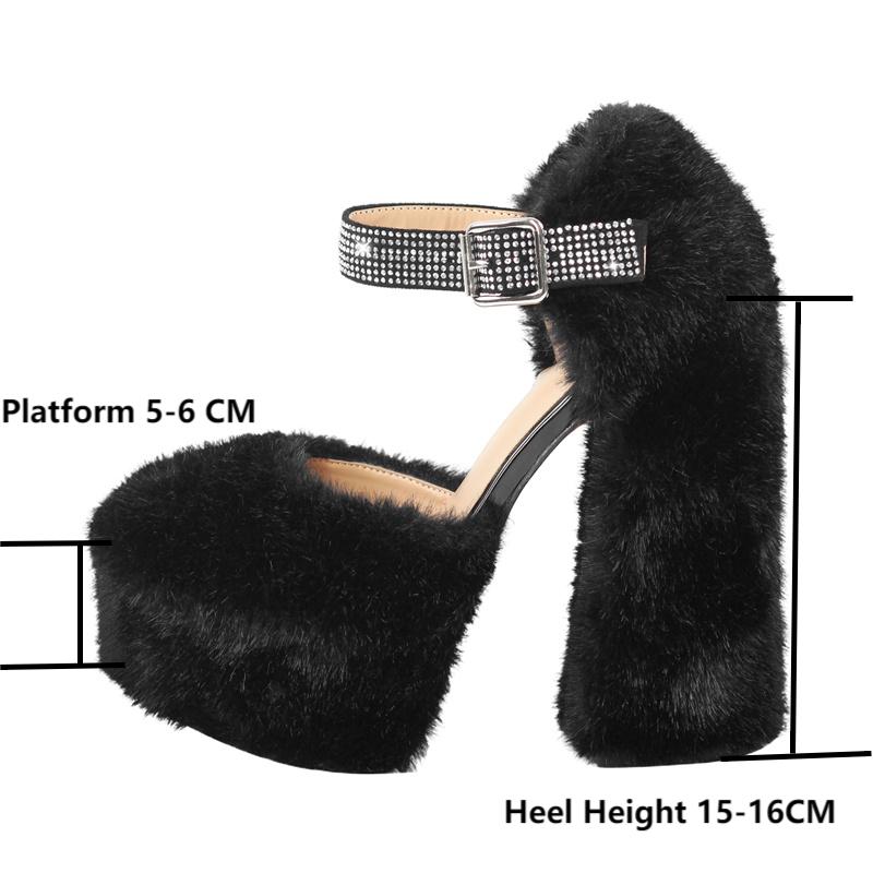 Platform Round Toe Fur Ankle Rain Stone Strap Chunky Heels Shoes