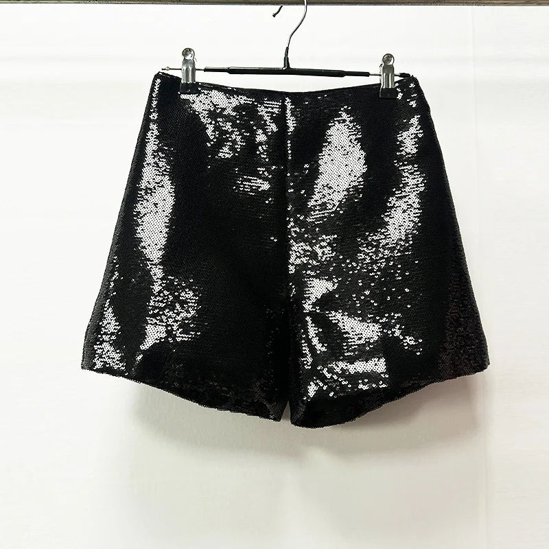 Bling Shiny Sequins Turn-down Collar Long Sleeve Blazer Shorts Set