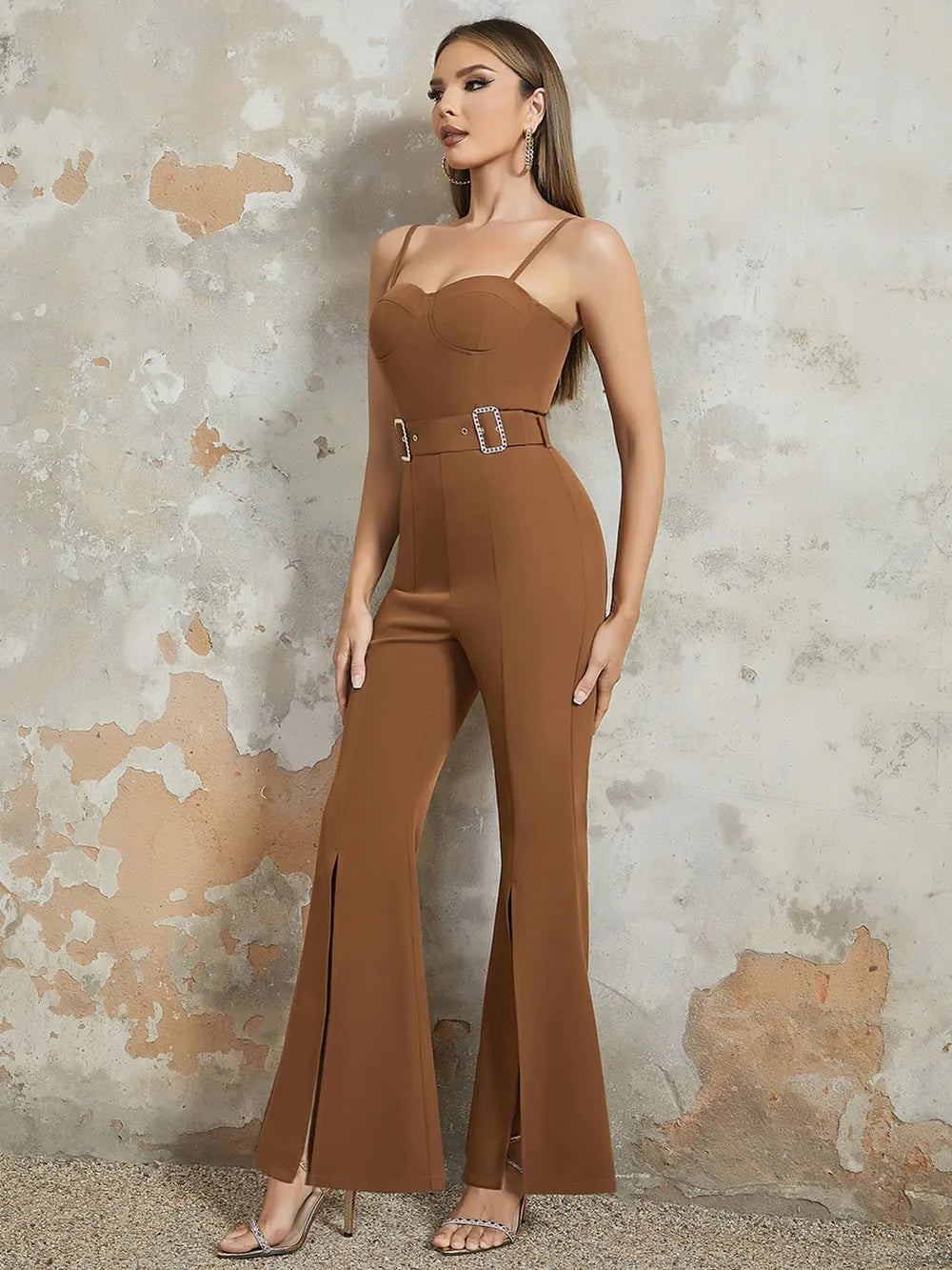 Loudspeaker Spaghetti Strap Sleeveless Belt Backless Flare Jumpsuit