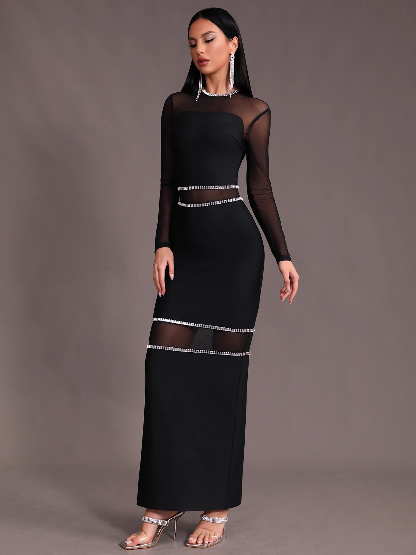 O-Neck Mesh Diamond Decor Tight Bandage Maxi Dress