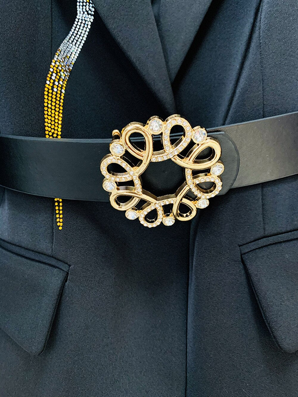 Printed Diamond Belt Single Button Blazer & High Waist Trouser Set