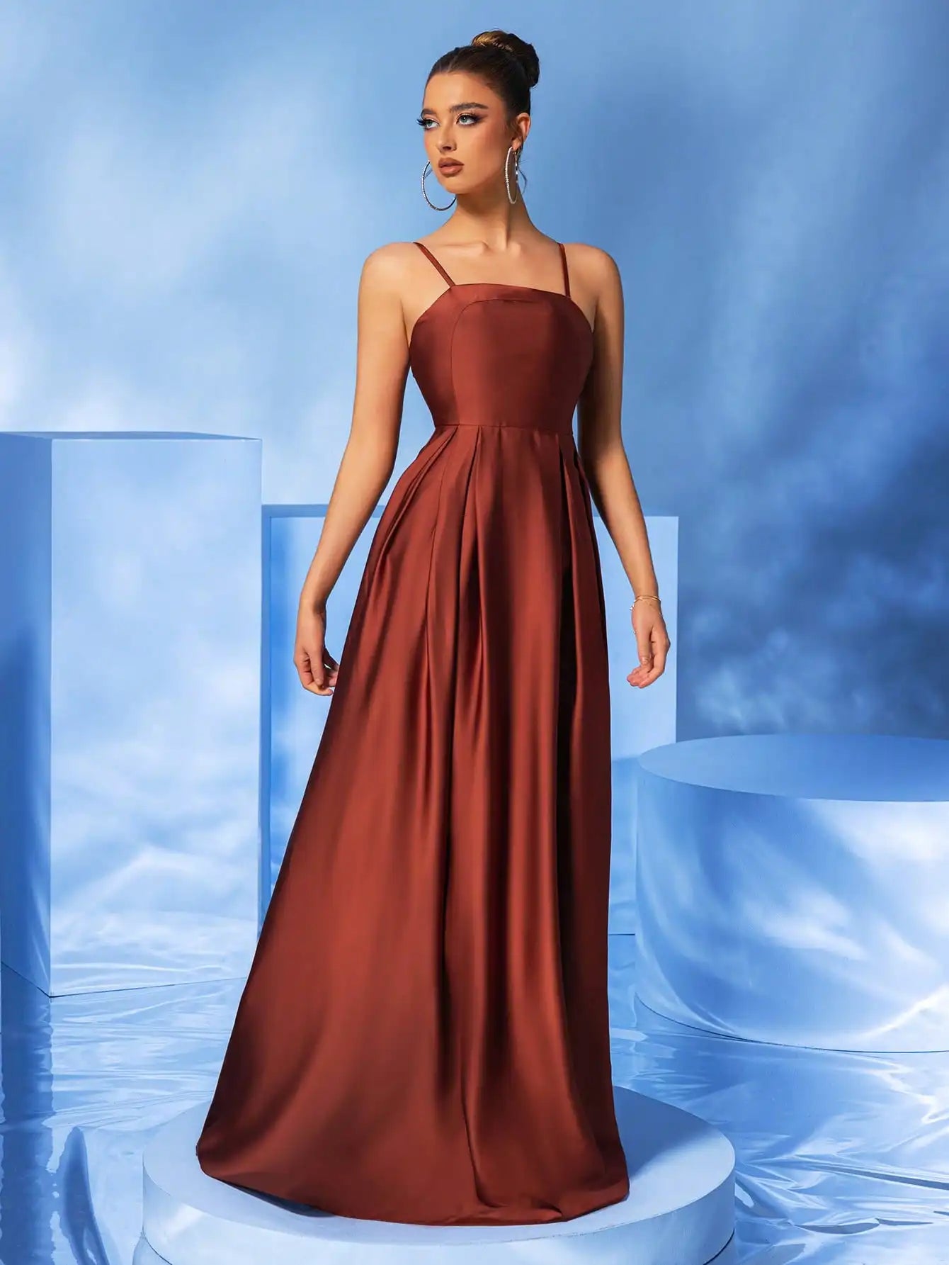 Spaghetti Strap Ruched Sleeveless Formal Ball Gown Evening Maxi Dress