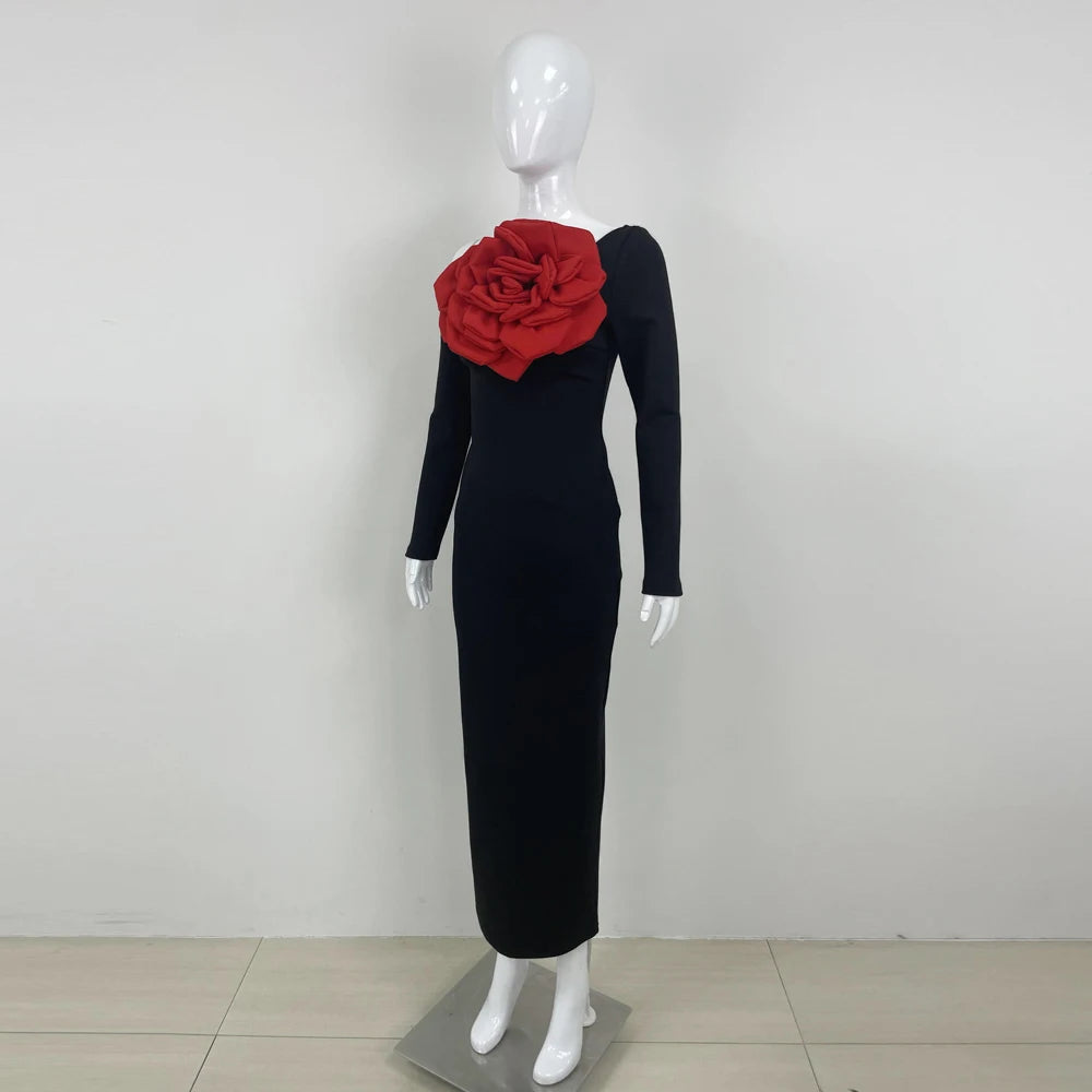 Off the Shoulder Long Sleeve Red Flower Maxi Bandage Dress