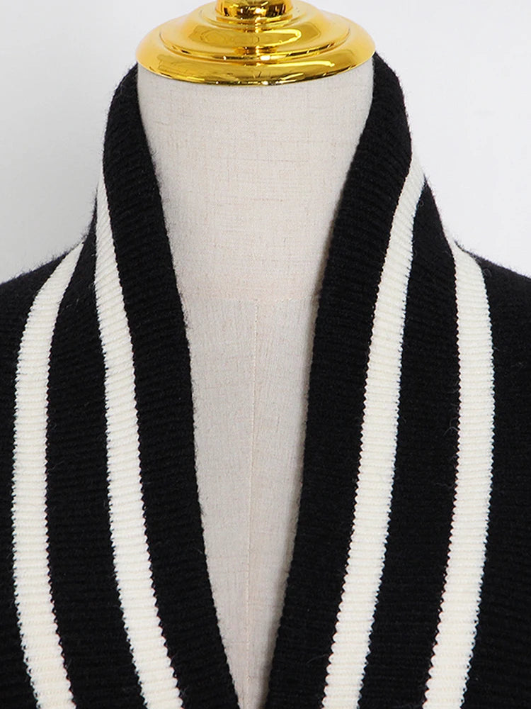 V Neck Long Sleeve Striped Knitting Spliced Button Loose Cardigan