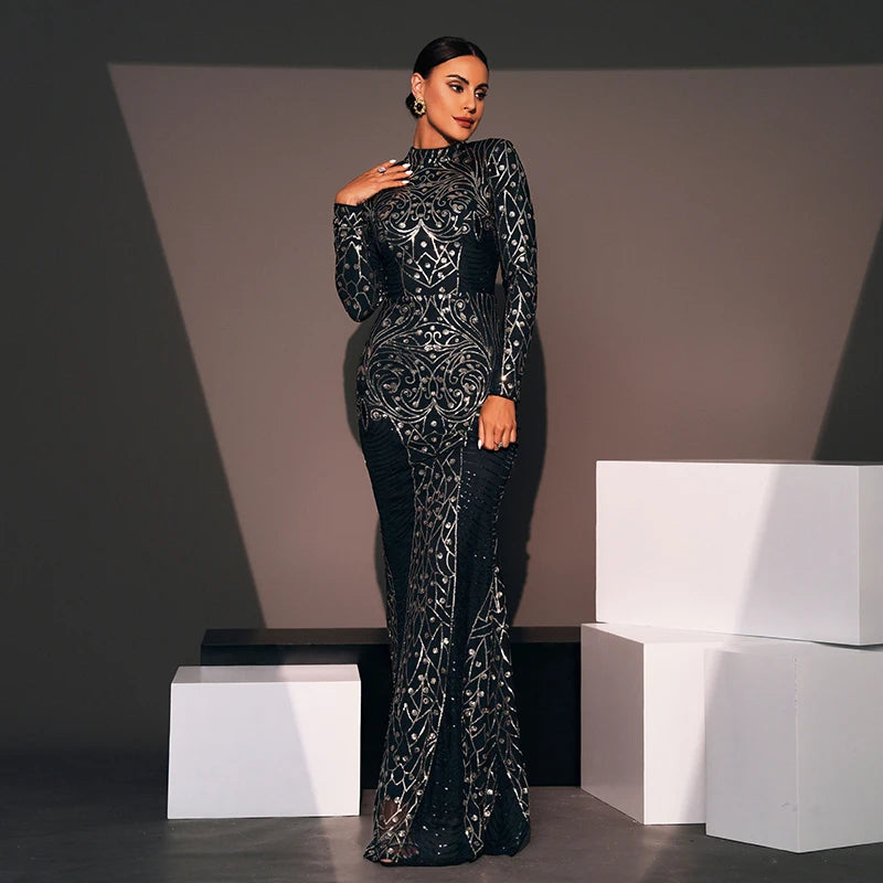 Stand Neck Long sleeve Sequin formal Prom Mermaid Maxi dress