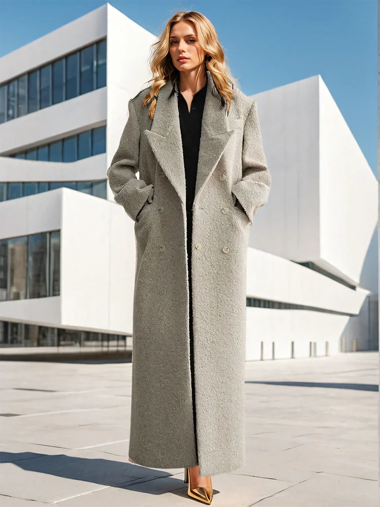 Turn-down Collar Lapel Long Sleeve Woollen Maxi Coat