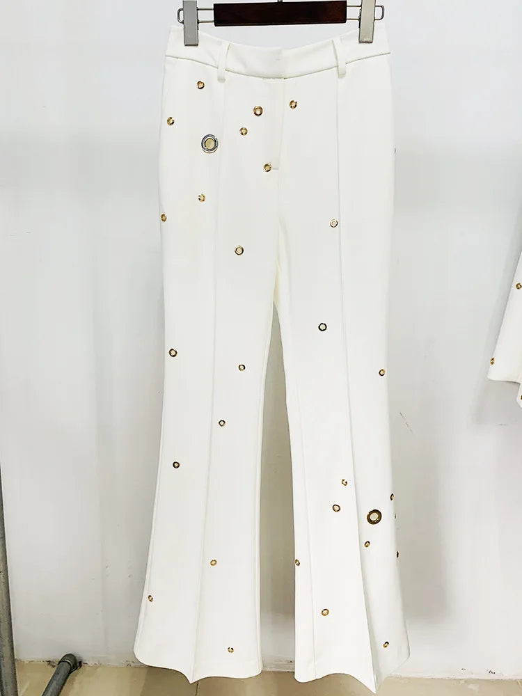 Hollow Decor Single Button Rivet Eyelet Lapel Blazer Mid Waist Trouser Set