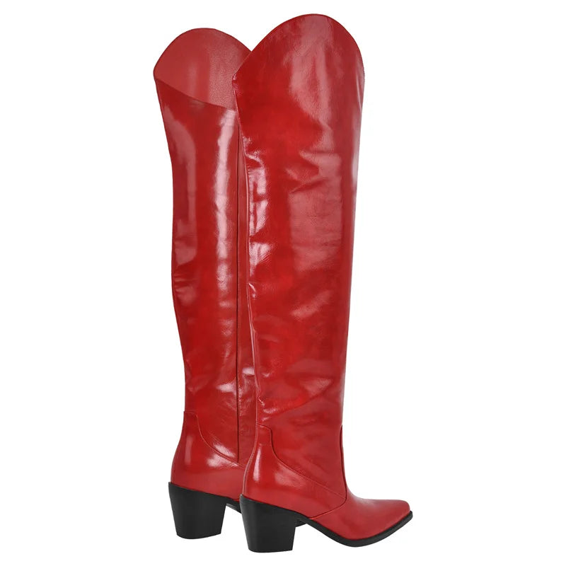 PU Leather Pointed Toe Square Mid Heel Thigh Over The Knee High Boots