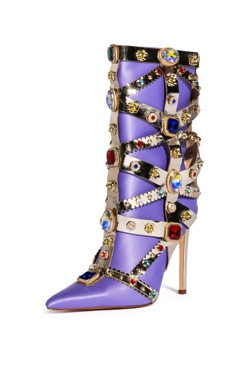 Colourful Bling Crystal Gem Pointed Toe Knee High Boots