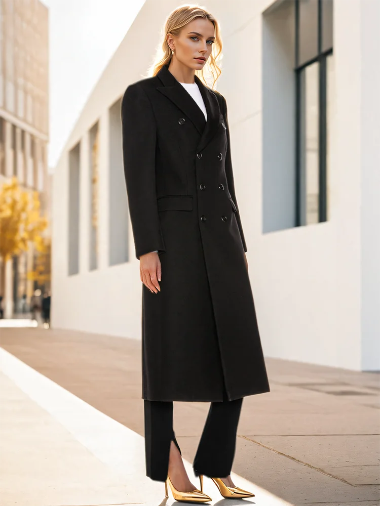 Notched Collar Double Breasted High Waist Woollen Overcoat