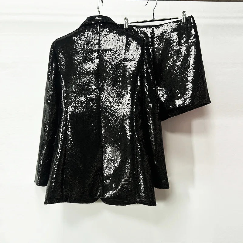 Bling Shiny Sequins Turn-down Collar Long Sleeve Blazer Shorts Set