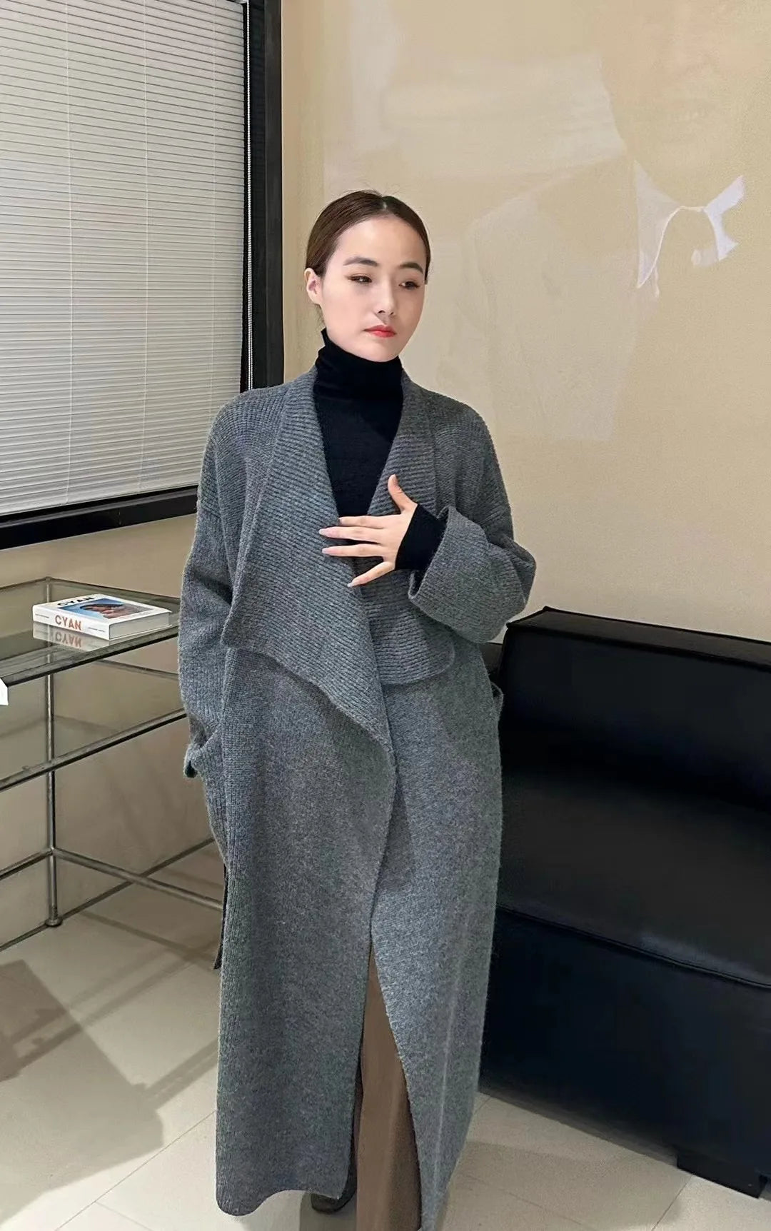 Lapel Loose Fit Long Sleeves Sashes Knitted Cardigan Maxi Coat