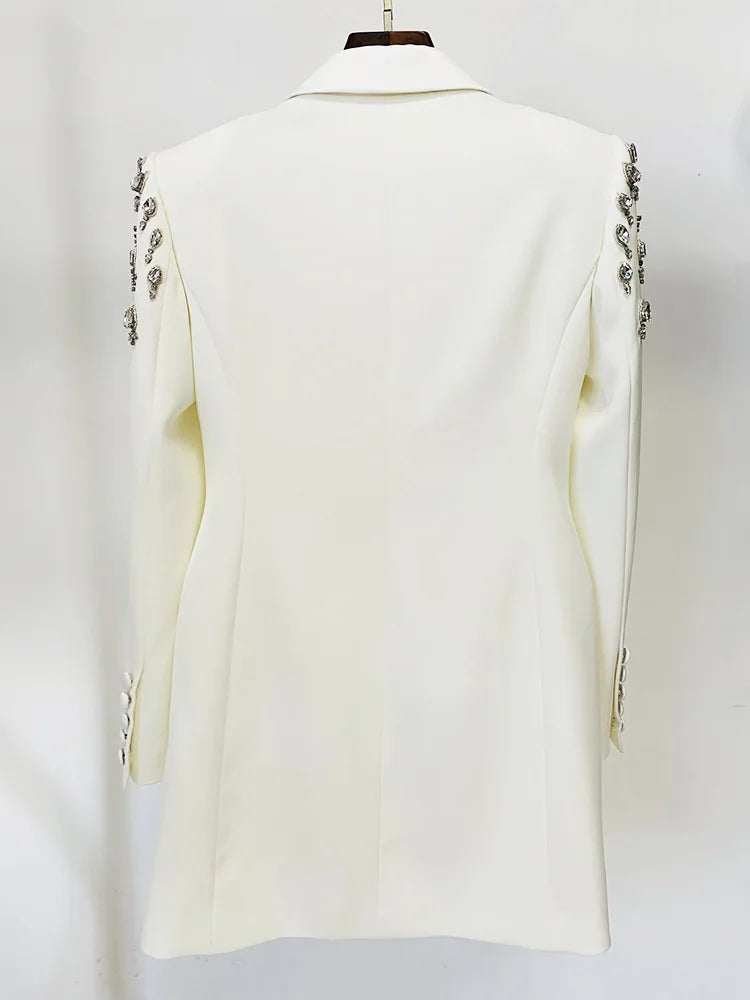 Pearl inlaid Diamond Long Double Breasted Button Satin Collar Blazer Dress