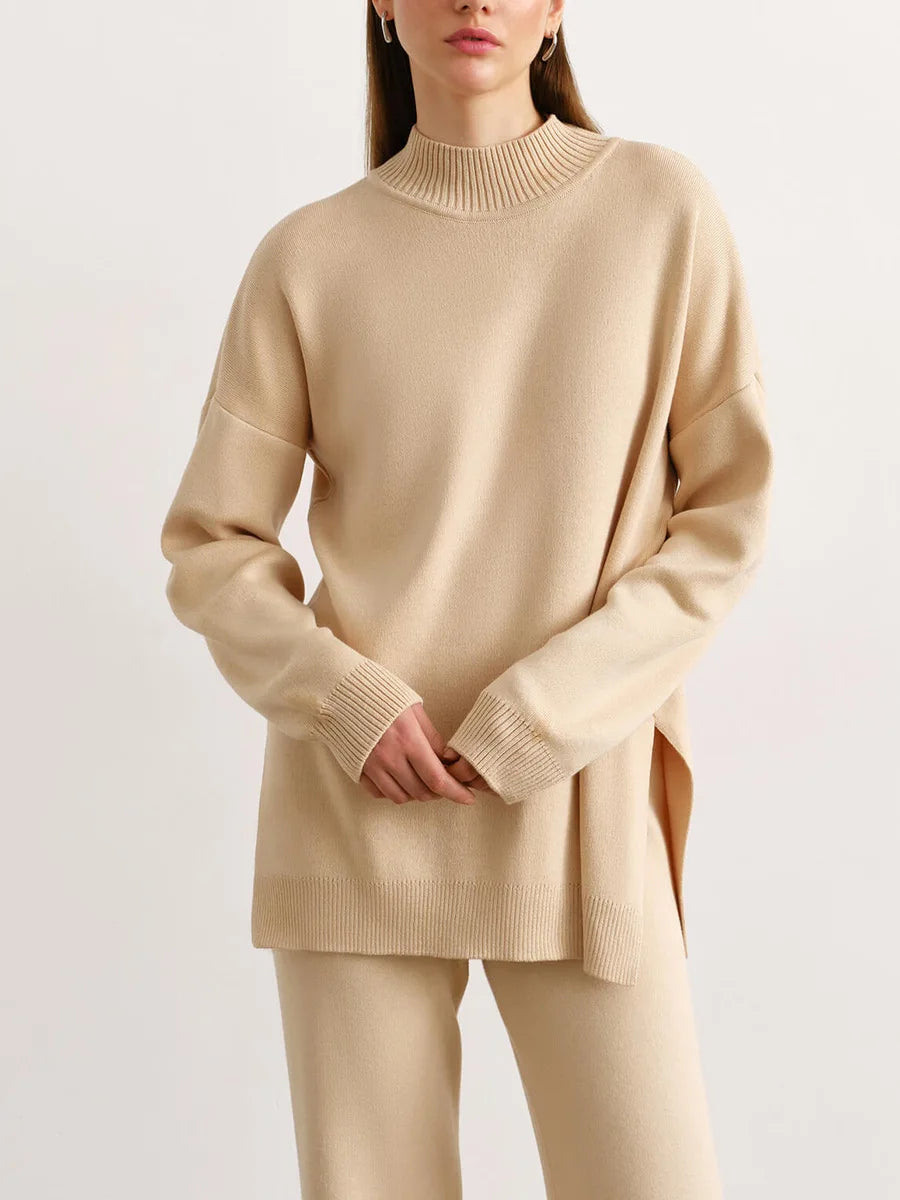 Turtleneck Loose Side Slit Pullover High Waist Straight Trouser Knitted Set