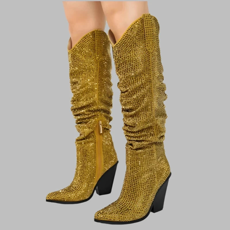 Crystal Diamond Bling Pleated Square High Heel Knee High Boots