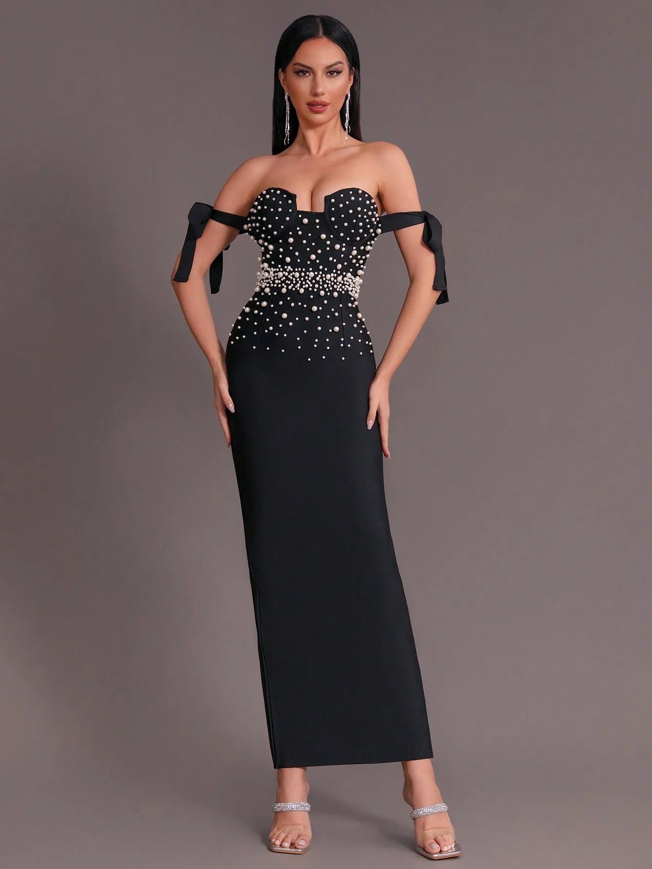 Off Shoulder Luxury Pearl Patchwork Tight Long Bandage Maxi Dress