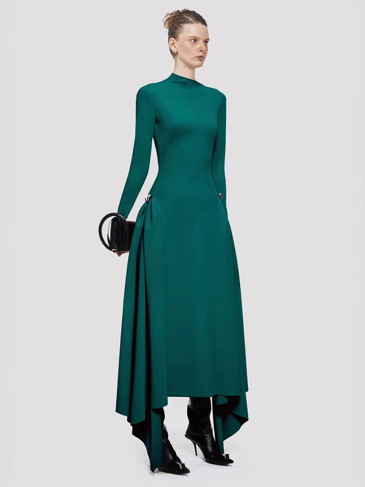 Diagonal collar Long Sleeves Waist Asymmetric Pleated Maxi Dress