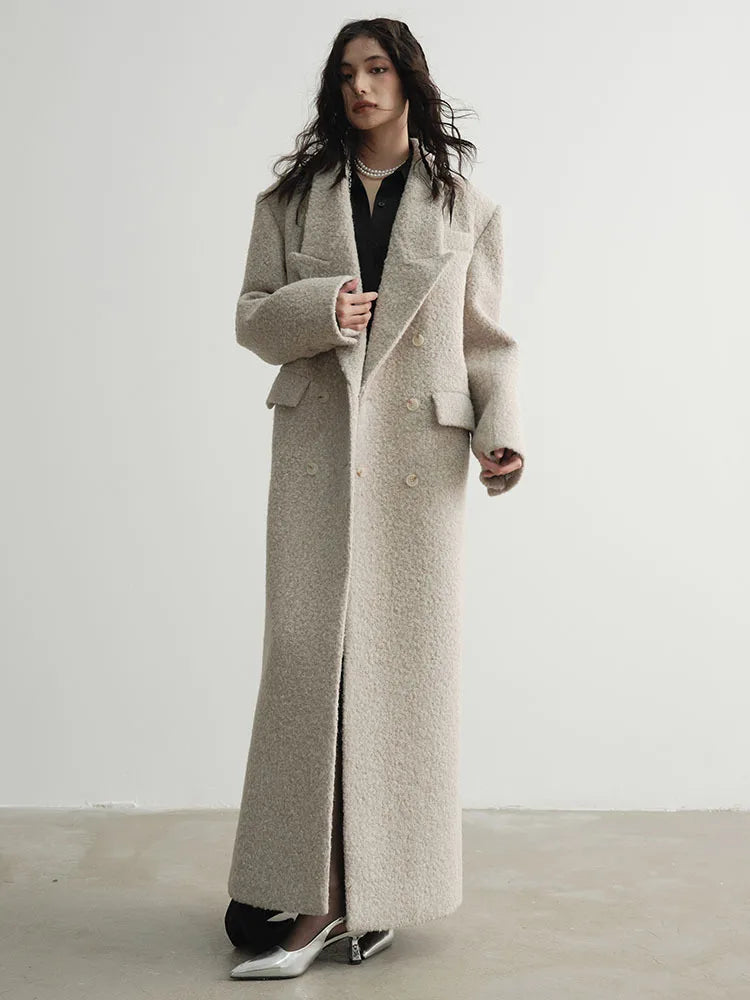 Turn-down Collar Lapel Long Sleeve Woollen Maxi Coat