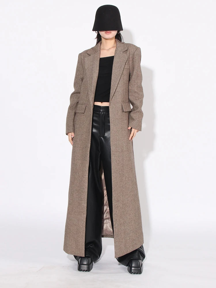 Patchwork Pockets Loose Long Sleeve Spliced Button Maxi Coat