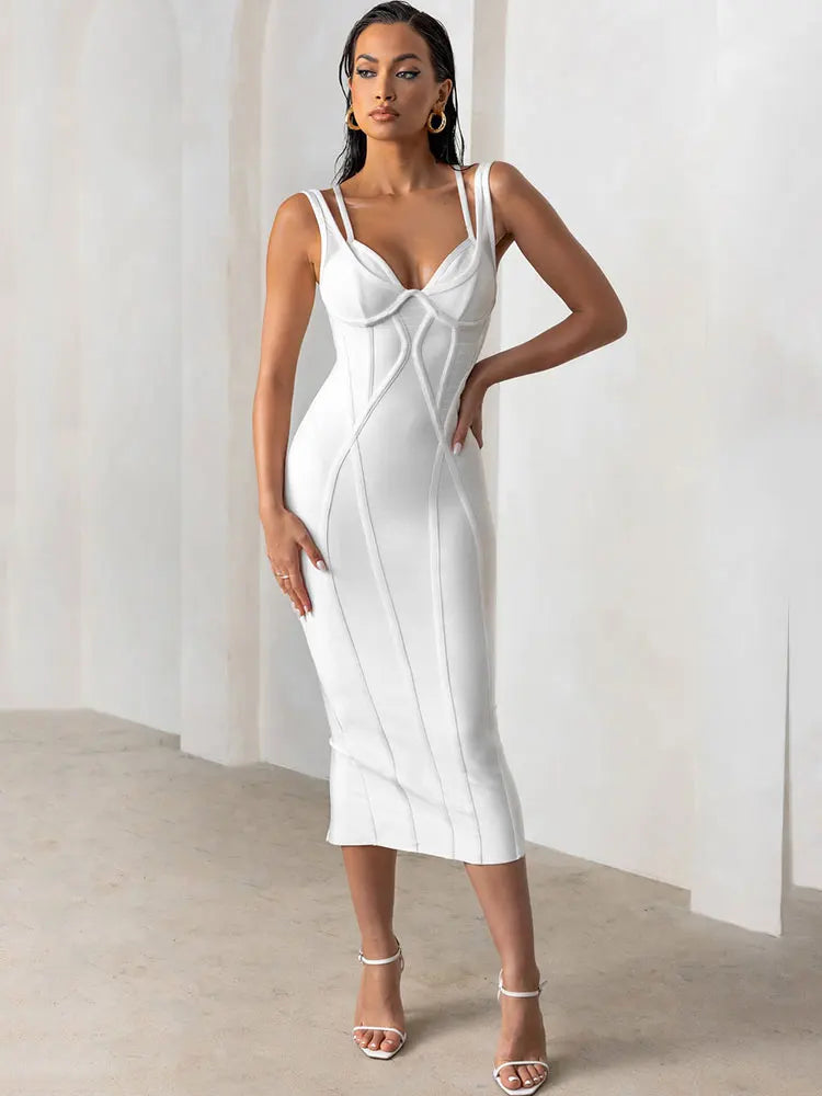 V-Neck Spaghetti Strap Sleeveless Mid Bandage Dress