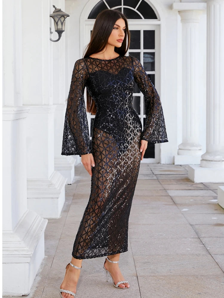 O Neck Flare Long Sleeves See Bodysuit Through Mesh Sequins Slim Dress