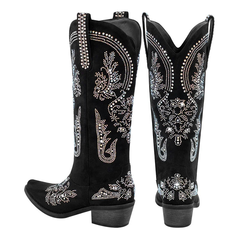 Flock Pointed Toe Rhinestone SLIP-ON Square Heel Boots