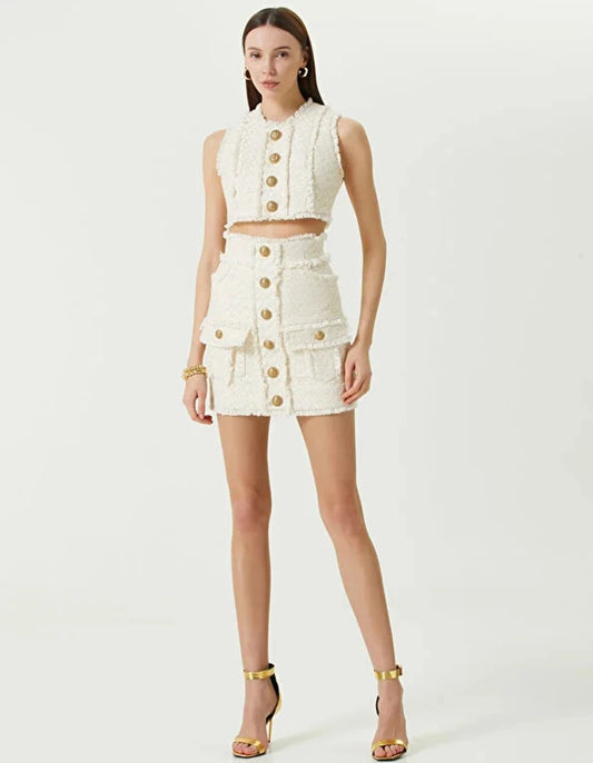 O Neck Gold Button Front Plaid Tweed Sleeveless Cut Top& Mini Skirt Set