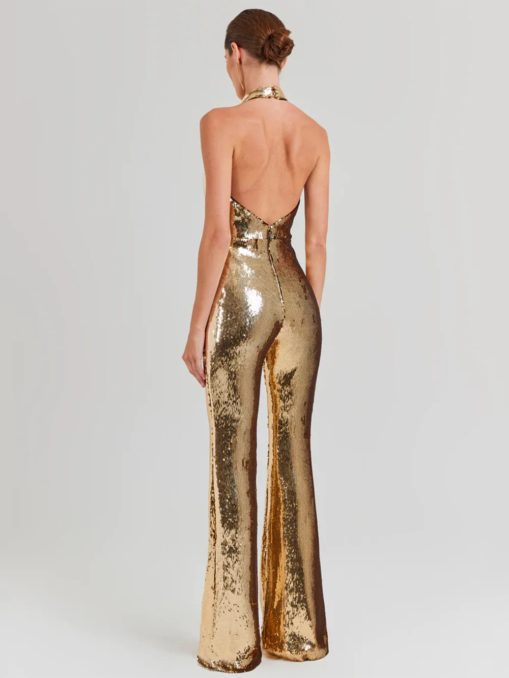 Golden Sequins Sleeveless Backless Tight Full Length Jumpsuit